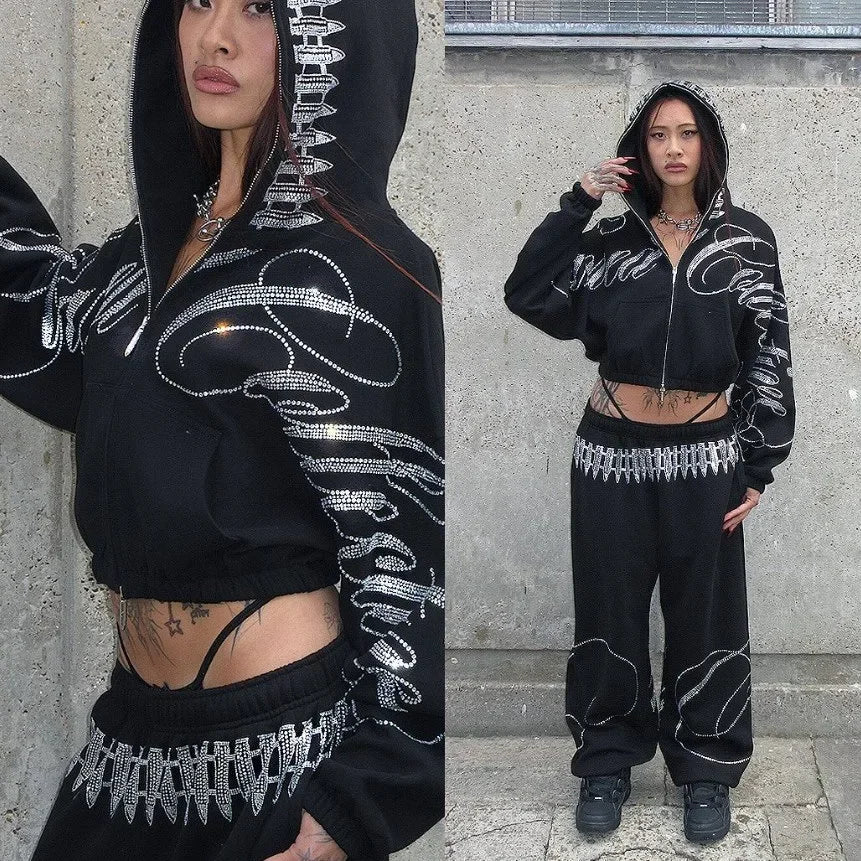 Ensemble GETADME sweat-shirt à capuche manches longues, style rétro hip-hop, coupe droite, imprimé diamant, pour fille sexy
