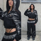 GETADME 핫 다이아몬드 스웨트셔츠 세트 핫걸 스타일 레트로 힙합 개성 스트릿 스트레이트 스프레드 스웨트셔츠 후드 긴팔