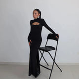 GETADME Huhugirl 섹시한 쉬스 여성용 맥시 드레스 솔리드 터틀넥 레귤러 긴팔 할로우 아웃 슬림핏 바디콘 파티 베스디소 로브