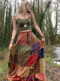 Getadme Plus Size Boho Skirt, Women's Plus Patchwork Floral Print Drawstring Waist Maxi Skirt