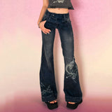 Getadme-Y2K Low Rise Flare Jeans for Woman Streetwear Aesthetic Print Jean Pants Vintage Washed Denim Trouser Grunge Fairycore