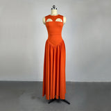 GETADME Women O Neck Summer Sleevelss Cut Out Low Waist Elegant Holiday Party Pleated A Line Sundress Chic Elastic Femme Maxi Robe