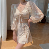 Summer Korean Sexy High Waist Bikini Set Women Swimsuit Lace Long Sleeve Skirt Style Swimwear Beach Holiday Beige Bathing Suits