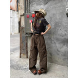 GETADME American Retro Casual Harajuku Jeans Women Mutil Pockets Vintage Aesthetic Denim Pants Y2K Wide Leg Punk Baggy Brown Trousers