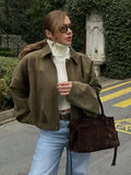 GETADME HH Women Brown Green Suede Jacket Loose Casual Bomber Coat Lapel Zipper Long Sleeve Jackets Vintage Lady Motorcycle Outwears
