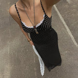 GETADME Tornova Polka Dot Suspender Long Dress Women's Sexy Deep V Neck Lace Splice Elegant Dress Vacation Slim Dresses 2025 Summer New