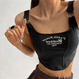 GETADME Women Embroid Letter Tank Tops With Bra Pad Casual Camis Y2K Crop Tops For Women Shoulder Belt Iron Ring Tank Tops