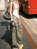 GETADME Y2K Plaid Wide Leg Pants Women Summer Streetwear High Waist Loose All Match Pants Casual Pockets Lady Mopping Trousers