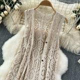 GETADME Longline Crochet Cardigan Button Front Sleeveless Sheer Open-knit Long Cover-up Jacket Women Summer Beach Vacation Outfit