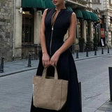 GETADME O Neck Long A-line Dress 2025 Ladies Sleeveless Solid Color Zip Up Commuter High Waist Zipper Maxi Party Dresses