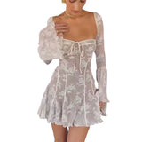 GETADME 2025 Spring Summer Women's Dress Slim-fit Lace Flared Long-sleeved Lace A-line Dress For Women Low Cut Square Collar Sexy Dress