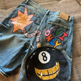 GETADME Baggy Custom Paint Jorts Washe Number 8 Ball Denim Shorts Men Goth Y2k Harajuku Casual Sweatpants Wide Leg Short Streetwear