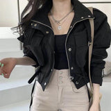 GETADME 시크 스트리트 슬로 오트 워크웨어 재트 여성용 지퍼 루즈핏 더블 켓 D스트링 허리 개인화 칼라 코트