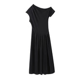 GETADME 우아한 롱 드레스 여성 캐주얼 스큐 칼라 슬림 봄 여름 플리츠 A라인 로브 레이디 패션 하이웨이스트 솔리드 여성 드레스