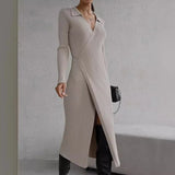 GETADME Ladies Lapel Knitted Lace Up Waist Dress for Autumn and Winter Long Sleeved V Neck Ribbed Celebrities Elegant Slim Midi Vestidos