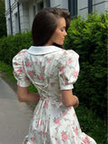 GETADME Sweet Floral Printed Ruffle Hem Dress Chic A-line Lapel Puff Sleeve Dresses For Women 2025 Summer Lady Holiday Street Gowns New