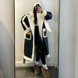 GETADME Chic Woman Contrast Lamb Woolen Warm Coat Versatile Loose Lapel Full Sleeve Pockets Long Jacket 2024 New Autumn Street Outerwear