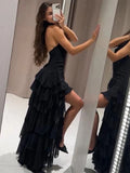 GETADME Elegant Ruffle Party Dress Women Sexy Backless Sleeveless Halter Female Dresses 2025 Summer Chic Irregular Hem Black Lady Robe