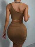 GETADME Sexy One Shoulde Backless Bodycon Mini Dress Women's Waist Hollow Out Tight Pleated Wrapping Skirt 2025 New Style