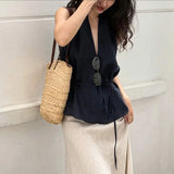 GETADME Linad Street Chic Navy Halter Tank Top For Women Fashion Deep V Neck Lace Up Vest Female Spring Casual Sleeveless Tops 2026