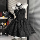 GETADME Dark Gothic Lolita Dress Women Cross Halloween Party Mini Sexy Swing A-line Punk Off Shoulder Emo Grunge Ruched Summer Vintage