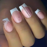 GETADME 24Pcs Short Square Coffin False Nails Square Fake Nails with Glue French Glitter Wearable Acrylic Nails Set Press on Nail Tips