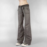 GETADME Retro Lace-up Low Rise Pants Streetwear Patchwork Loose Casual for Women Harajuku Straight Trousers Korean Fashion