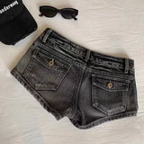 GETADME Vintage Denim Shorts Women Summer Black Grey Washed Low Waist Elastic Skinny Hot Shorts Jeans