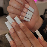 GETADME 화이트 프렌치 스타일 가짜 손톱 젠틀 핑크 프레스온 네일 3D 리본 디자인 아몬드 참 매니큐어 한국식 가짜 손톱 24개