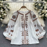 GETADME Neploe 여성 O넥 퍼프 슬리브 프린트 헤비 셔츠 패널 레이스업 올매치 자수 내셔널 스타일 블라우스 새로운 태슬 탑