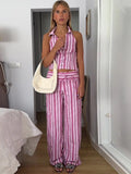 GETADME Striped Lace Up Women Vest Pants Set Summer Sleeveless Backless Slim Lady Top Sets 2025 Fashion Straight Casual Female Pant Suit