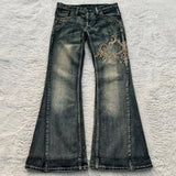 GETADME Street Harajuku Heavy Industries Retro Pattern Embroidery Blue Washed Jeans Women's Personalized Casual Splicing Flare Pants