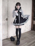 GETADME Summer Japanese Jirai Kei Style Mini Dress Women's Lapel Collar Flare Sleeve Striped Lace Dress Y2K Subculture Dress Girly Goth