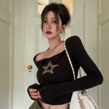 Short Y2k Harajuku T-shirt Women's Long Sleeve Unique Star Gruge Aesthetic Retro T-shirt American Retro Cut Top Autumn Tight