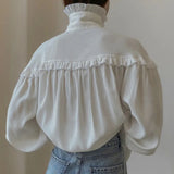 GETADME French Lapel Lantern Sleeve Lace Design Shirt, Loose White Shirt, Early Spring, New, 2025