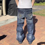 GETADME Mens Jeans Harajuku Vintage Streetwear Embroidery Hip Hop Denim Pants Washed Distressed Straight Leg Loose Fit Casual Unisex New