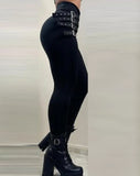 Fashion Women's Trousers Casual Daily High Waist Buckled Skinny Pants Female Clothing Solid Color Knitted Patchwork Pants