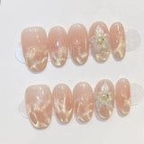 GETADME 10Pcs Nude Pink Press on Nail Gold Stripe Bow Design Stick-on Nail Set Reusable Short Almond 3D Flora White French Acrylic Nails