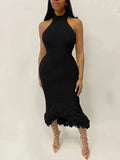 GETADME 이상한 고양이 니트 백리스 드레스 여성 민소매 홀터넥 여름 섹시 태슬 불규칙 헴 클럽웨어 스트레치 힙스터 파티 베스디소