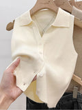 GETADME Solid Color Knitted for Women Cardigan Korean Single Breasted Sleeveless Jumper Woman Round Neck All Match Cardigans Outwear