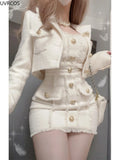 Getadme Korean Style Elegant Vintage Two Piece Set Women Sweet Woolen Short Jackets Tassel Design Mini Dress Suit Female Fashion Outfitn