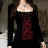 GETADME SUCHCUTE Gothic Lace Patchwork Square Neck Long Sleeved T-shirt Sexy For Women Basic Slim Top Y2k Streetwear Shirt Autumn Spring