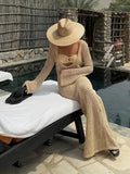 GETADME 2025 Summer Sexy U-neck Bell Sleeve Knit Maxi Dress Women Swimwear Feminine Bikinis Cover-ups Holiday Crochet Beach Dresses K21