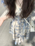 Getadme-2024 summer new French square collar bubble sleeve floral dress holiday style waist A-line skirt