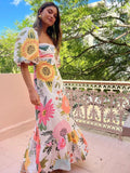 GETADME 2025 Summer Fashion New Women's Elegant Bohemian Dress with Printed Temperament One Collar Lantern Sleeve Long Dress