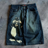 GETADME Harajuku American Retro Comic Character Cat Pattern Short Jeans Women's Summer Street Pop Hip-hop Rap Unisex High Quality Jeans