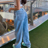 Getadme Women Loose Wide Leg Straight Jeans Vintage Streetwear Ladies Mid Waist Button Splicing Denim Pants Comfortable Casual Trousers