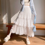 GETADME Sweet Lace Ruffles Long Skirt Women Summer Cute Puff Cake A Line Skirt Woman Korean Style High Waist White Chiffon Tulle Skirt