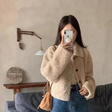 GETADME 한국 스타일 짧은 양털 벨벳 재킷 스탠드 칼라 싱글 버튼 루즈 다용도 탑 여성 가을 ​​겨울 신상품