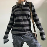 GETADME Women Fairy Grunge Knit Basic Shirt Autumn Y2K Grey Black Striped Long Sleeve Round Neck Tops Emo Tee